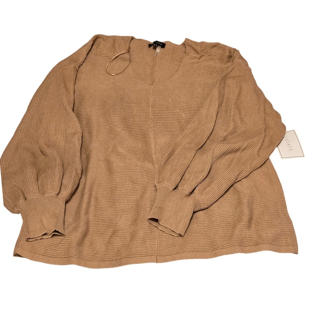 NWT  1 STATE Women's Medium Tan‎ V-Neck Long Balloon Sleeve Knit Sweater Top